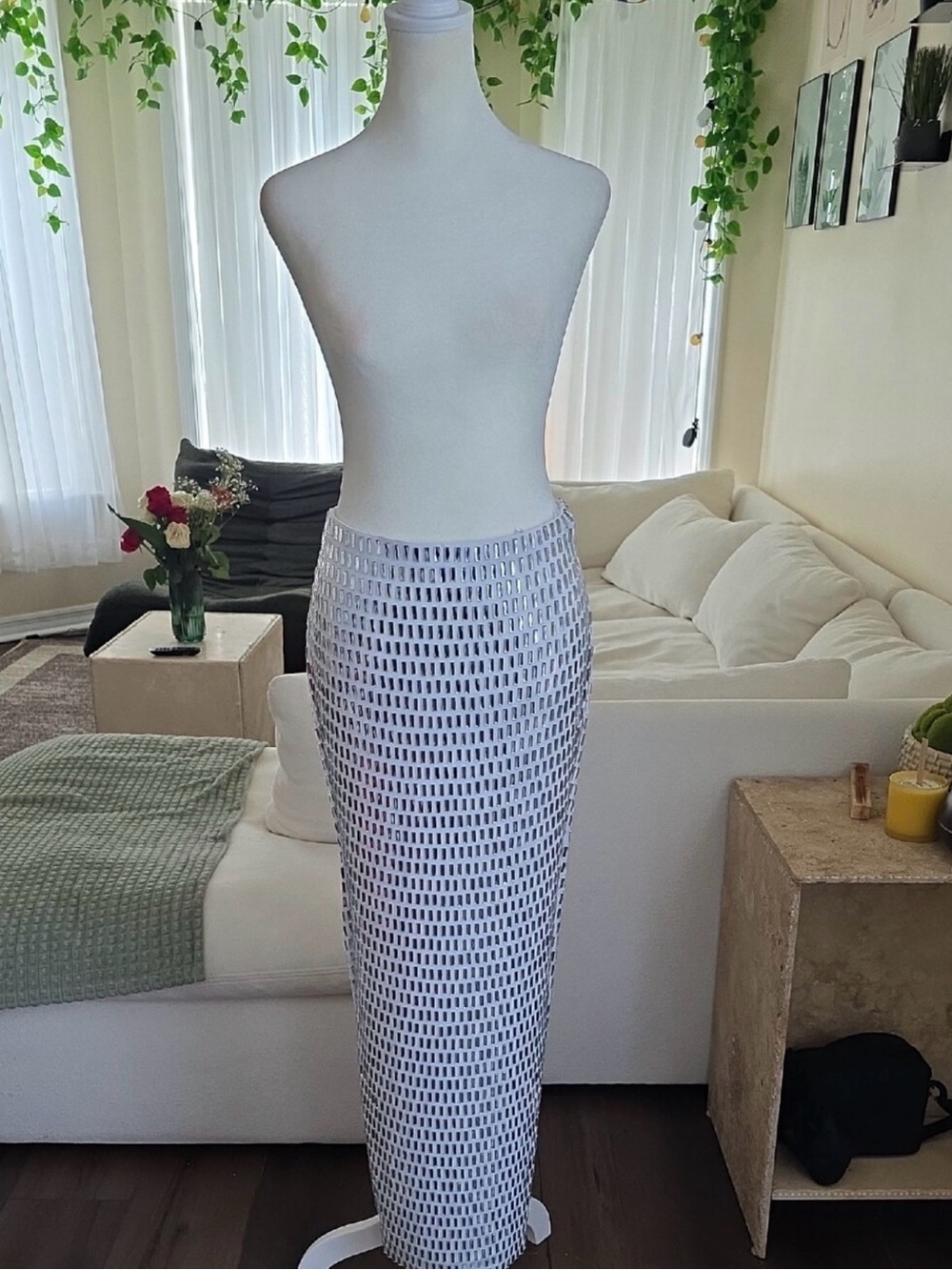 AKIRA White Maxi Maxi Skirt with Rectangular Mirrored Crystals